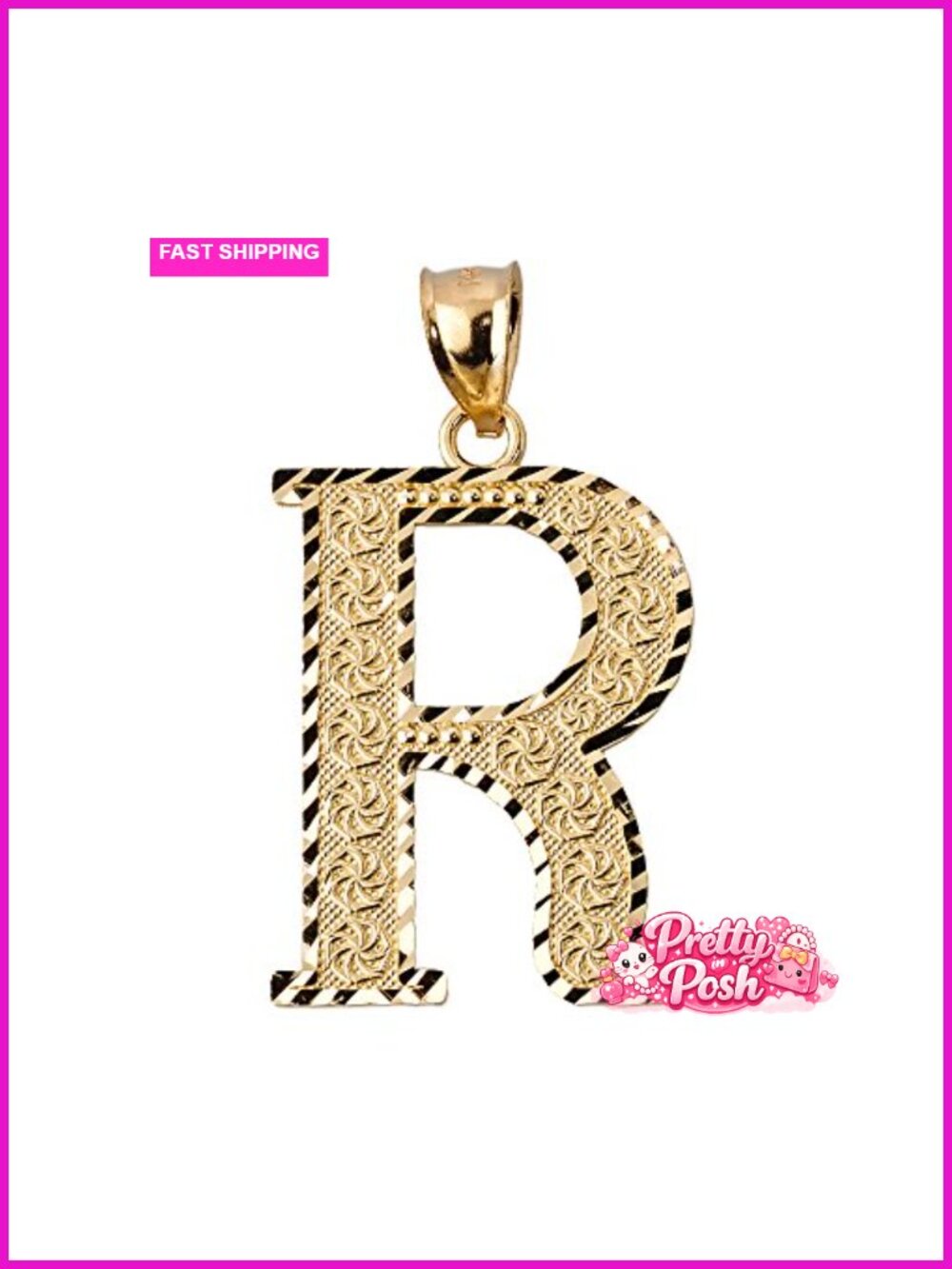 Solid 10K Yellow Gold Letter R Charm Pendant 0.7"